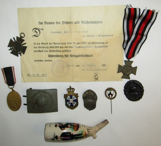 WW1  German Honor Crosses W/Document-Wound Badge-EM Buckle-Pre WW1 Porcelain Pipe Bowl Etc.
