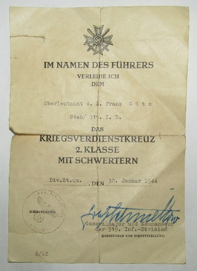 War Merit Cross Document Awarded By 319th Inf. General-Nazi Occupation Of British Isle Of Guernsey
