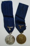2pcs-Wehrmacht/Luftwaffe 4 And 12 Year Service Medals With Luftwaffe Devices On The Ribbons