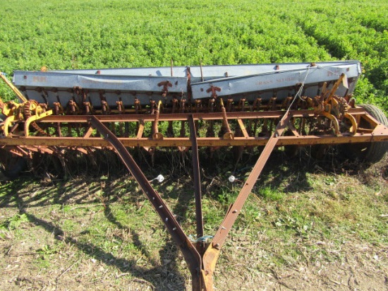 Older MM Grain Drill on Low Rubber, Grass Seeder, Some Damage