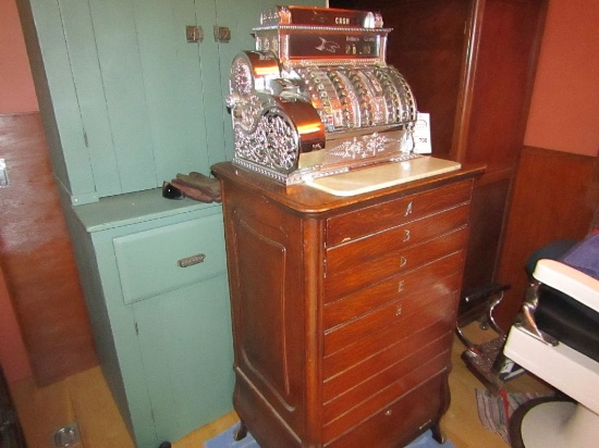 Restored Nickel Trimmed National Cash Register on Oak 8 Drawer Bank Tellers