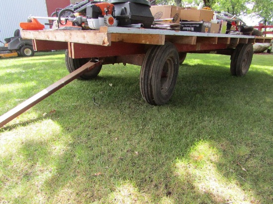 7 X 15 FT. Wooden Flat Rack on Factory Four Wheel Wagon, Spare Tire & Wheel