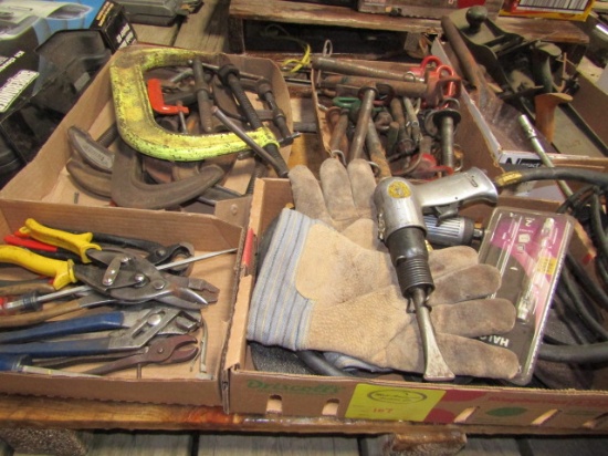Pallet Including Hitch Pins, C Clamps, Shears, Air Chisel & Misc. Items