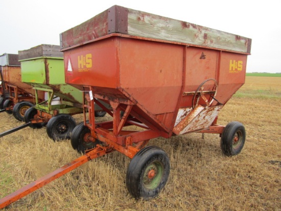 120. H&S Model 220 Gravity Box, Wood Extensions on MN. 8 Ton Wagon