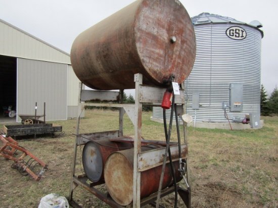 823. 300 Gallon Fuel Barrel on Stand with (2) Fuel Drums