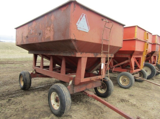 832. Schuld 250 Bushel Gravity Box on Factory Four Wheel Wagon, Ext. Pole