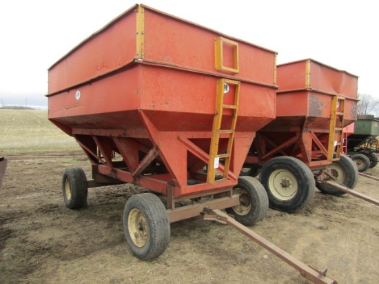 833. J&M 300 Bushel Gravity Box with Metal Extensions & Ladder on Harms Fou