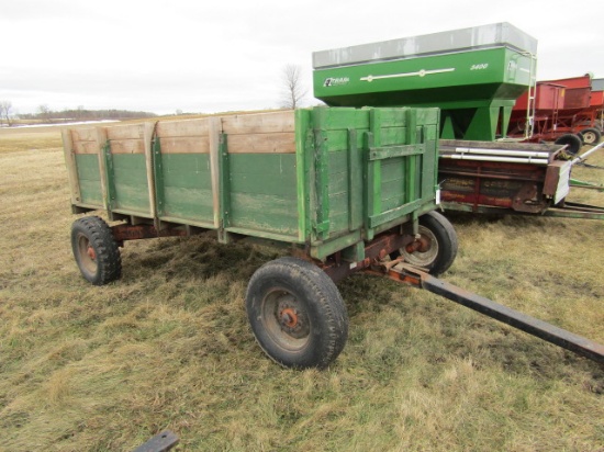 111. 6 FT. X 11 FT.  Wooden Barge Box with Grain End-Gate on 4 Wheel Wagon