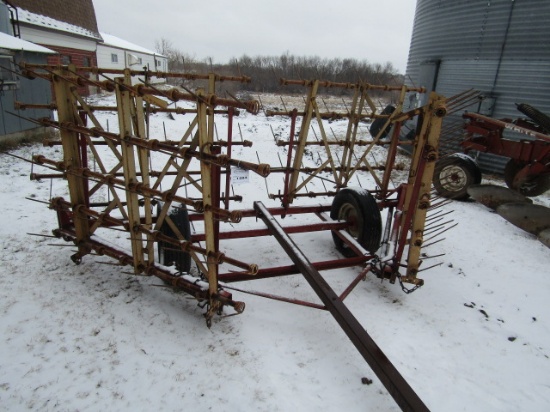 1284. 4 Section Tine Tooth Harrow on Cart, One Owner