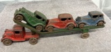 Arcade car hauler with 3 cars, Approx. 12”, one money