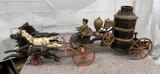 Cast Iron 3 horse drawn fire engine pumper wagon, Approx. 19”