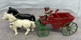 Cast Iron sand and gravel trailer with 2 horses and man, Approx. 10”
