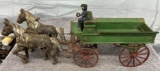 Cast Iron wagon with 2 horses, man, shovel and pickax, Approx. 14”