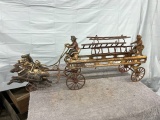 Cast Iron set of 3 horses with fire ladder wagon, and 2 firefighters, Approx. 19”