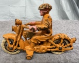 Cast Iron Harley David motorcycle, rubber tires are weathered, approx. 6”