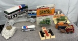 Misc. cast iron, Greyhound bus, tractor loader, (4) South Pacific locomotives, and more