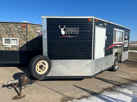 2014 8'x16'V American Surplus Trophy Hunter Ice Castle Fish House on Single Axle Crank Down Frame,