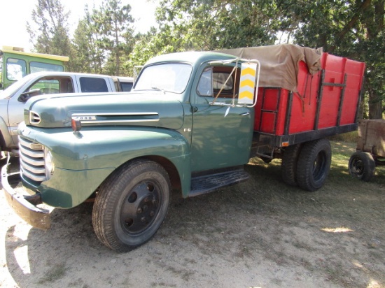 244. VERY NICE 1949 FORD F-5 ONE TON TRUCK, 7.5 FT X 8 FT. WOODEN GRAIN BOX