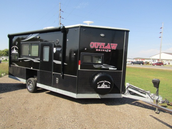 38. 2019 8’ X 17’ V American Surplus Outlaw Edition Toy Hauler Ice Castle Fish House,