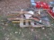 991. PALLET OF SHOVELS, RAKES, SCYTHES, GARDEN BENCH BRACKETS, & MISC.