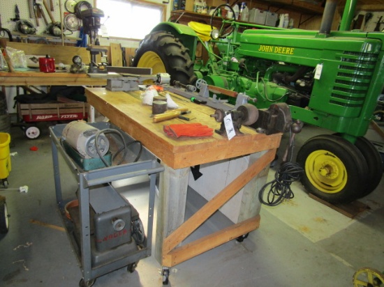 940. WOOD WORK BENCH SELLING WITH VISE, WOOD LATHE, 4.5 INCH JOINTER, OLDER