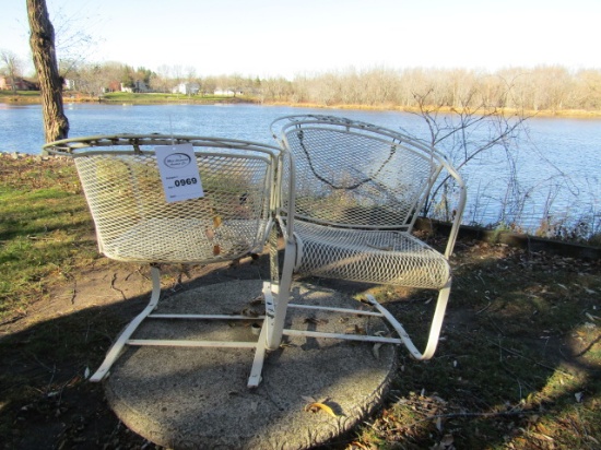 969. STONE PATION TABLE WITH 2 METAL PATIO CHAIRS