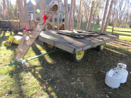 972. JOHN DEERE 4 WHEEL WAGON WITH CONVERTED BALL HITCH AND 8 FT. X 12 FT.W