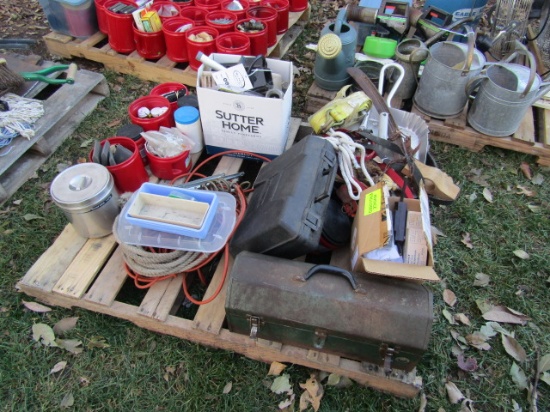 992. PALLET INC. RATCHET STRAP, ROPE, CASTERS, DUST PAN, ATV RECEIVER HITCH