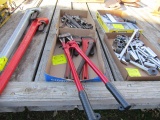 1003. BOLT CUTTER, (2) RIGID PIPE WRENCHES, OLD WRENCHES