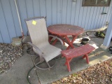 1025. PATIO SET WITH TABLE AND OLDER REDWOOD PATIO SET