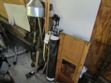 938. LOT INCLUDES: CAR CREEPER, FUNNEL, GOLF CLUBS, HANDLES, ETC.
