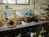 951. PHEASANT MOUNT, DEER HORNS, ORNAMENTAL GULL, WOODEN BIRD SCULPTURE