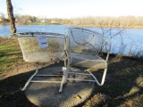 969. STONE PATION TABLE WITH 2 METAL PATIO CHAIRS