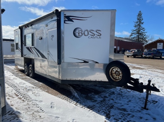 2016 8’ x 21’V American Surplus Boss Castle Ice Castle Fish House on Valley HYD Tandem Axle Frame,