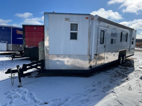 2016 8’ x 24’ V American Surplus Ice Castle Fish House on Valley HYD Tandem Axle Frame,