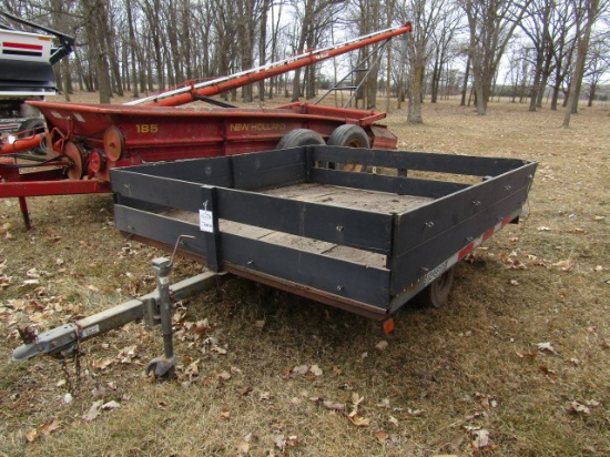 1213. 92 INCH X 94 INCH SINGLE AXLE TILTING UTILITY TRAILER, WOODEN SIDES,