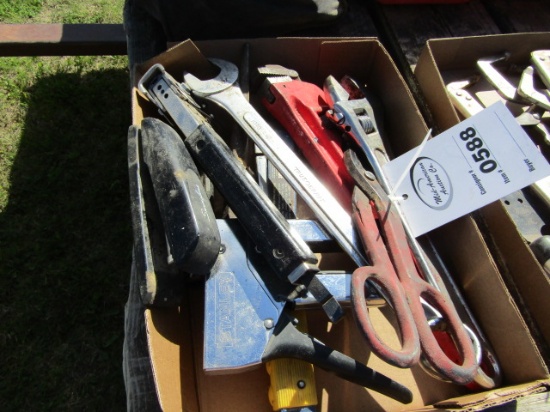 588. 15 INCH ADJUSTABLE WRENCH, 18 INCH PIPE WRENCH, STAPLERS AND MISC. TOO