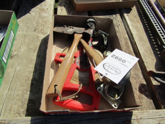 592. (2) SHINGLING HATCHETS & 200 FT. TAPE, CASTER WHEELS