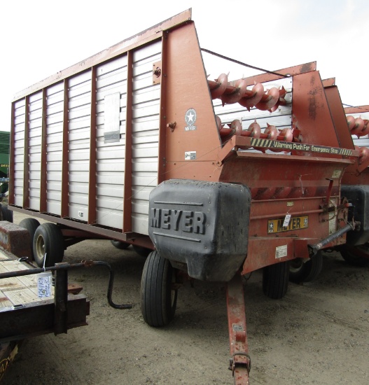 973. 428-1119. MEYERS MODEL 3516 – 16 FT. FORAGE BOX, OPEN TOP, ON MEYER TANDEM AXLE WAGON,