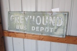951. GREYHOUND BUS DEPOT SIGN, DOUBLE SIDED, HAND PAINTED OVER GRAPHICS. 18