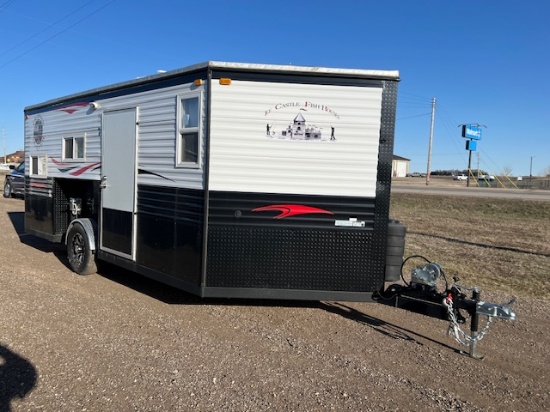 1985. 2024 8’ x 17’V American Surplus Trophy Hunter Ice Castle Fish House, on GS Trailers