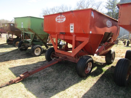 1304. FICKLIN MODEL 425 GRAVITY BOX ON HD FOUR WHEEL WAGON, EXT. POLE
