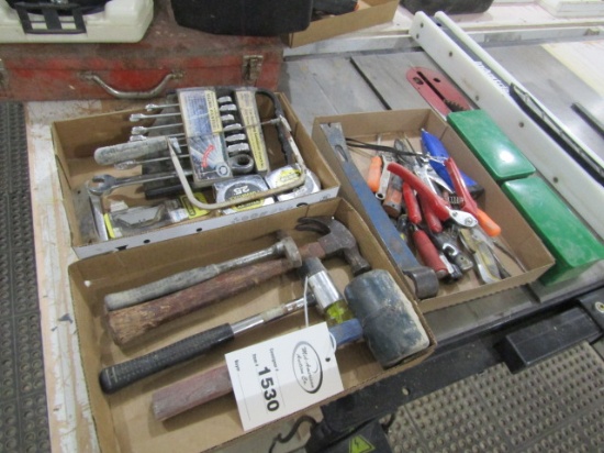 1530. (3) FLATS OF WRENCHES, TAPES, (2) BOXES OF GRIZZLY SHAPER CUTTERS