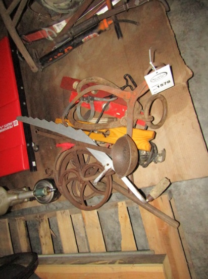 1578. ICE TONGS, WELL WHEELS, LEVELS, HAY KNIFE AND MISC.