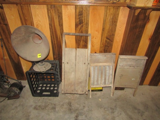 1628. PHONOGRAPH HORN, WASH BOARD, OLD SLED