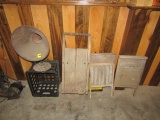 1628. PHONOGRAPH HORN, WASH BOARD, OLD SLED