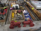 1708. CAST IRON FORDSON TRACTORS, BANK, TOY BACKHOE AND MORE