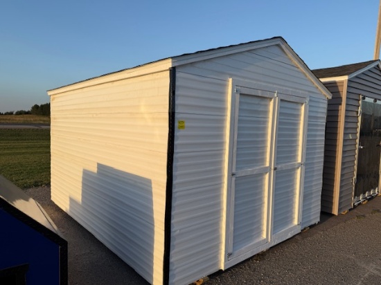 1760. 10’ X 12’ Storage Shed with Barn Doors, White Steel Siding,