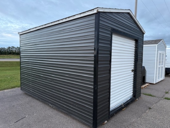 1762. 10’ X 14’ Storage Shed with Roll Door, Charcoal Grey Steel Siding, Used,