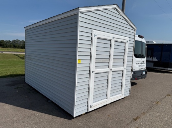 1763. 8’ X 12’ Storage Shed with Barn Doors, Grey Vinyl Siding,